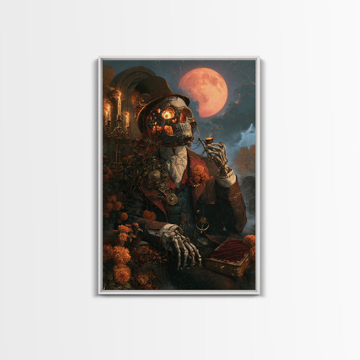 The Biomechanical Skeleton, Antique Gothic Portrait, Vertical Wall Art, Canvas Print, Gothic Wall Decor, Halloween Portrait Art