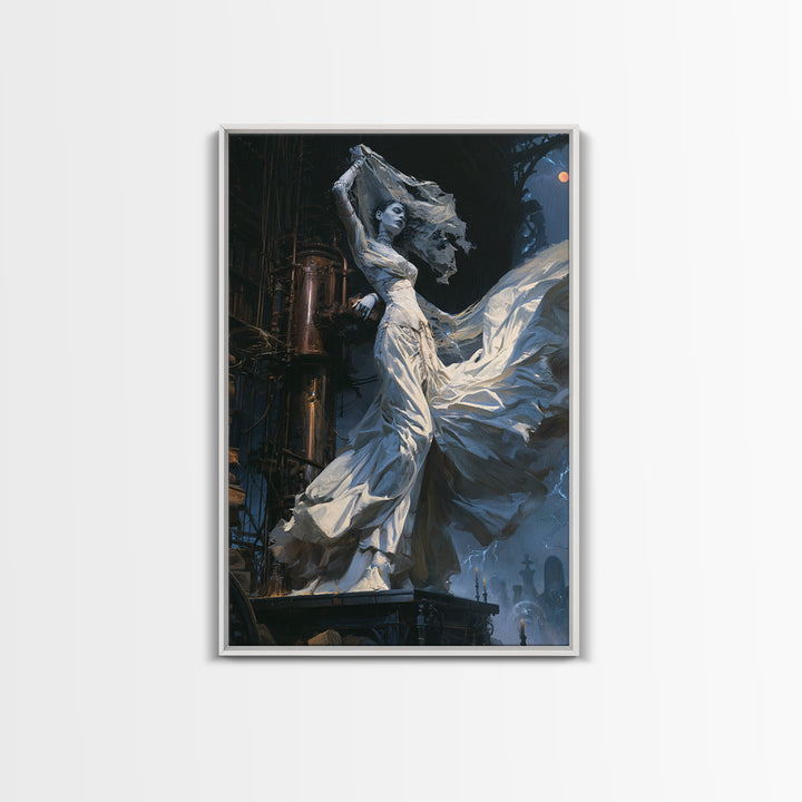 The Stitched Bride Of Thunder Hall, Antique Gothic Portrait, Vertical Wall Art, Framed Canvas Print, Gothic Wall Decor, Halloween Decor