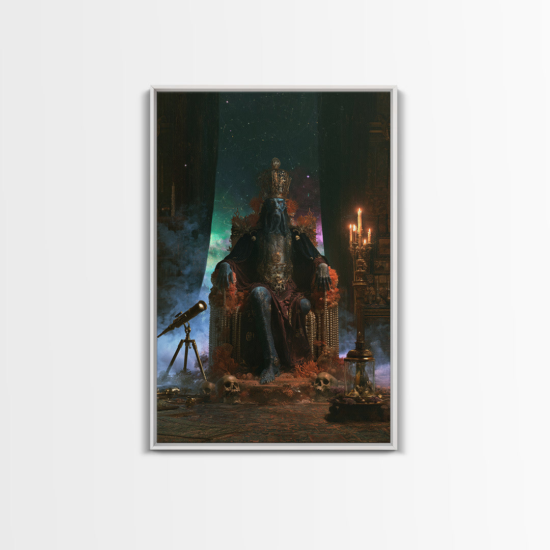 The Watcher In The Coral Throne, Lovecraftian Portrait Art, Vertical Wall Art, Framed Canvas Print, Gothic Wall Decor, Gothic Home Decor