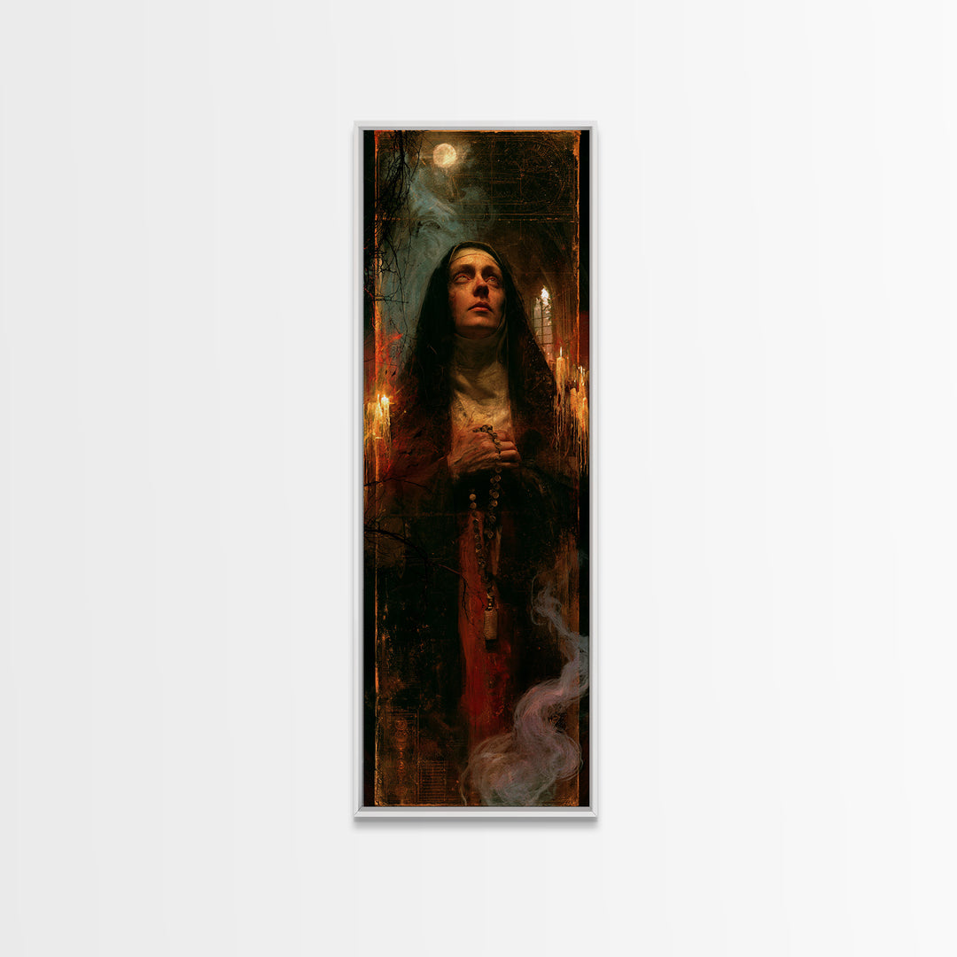 The Nun Of The Endless Constellation, Macabre Victorian Decor, Tall Narrow Wall Art, Framed Canvas Print, Gothic Wall Decor
