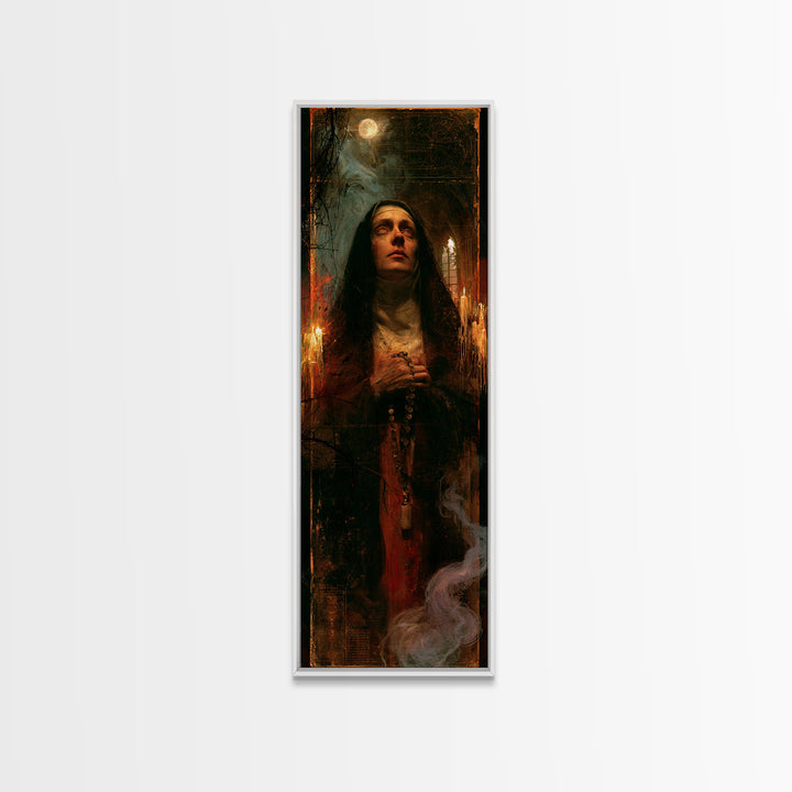 The Nun Of The Endless Constellation, Macabre Victorian Decor, Tall Narrow Wall Art, Framed Canvas Print, Gothic Wall Decor