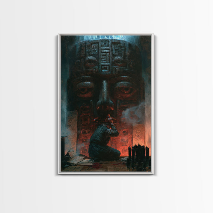 The Custodian Of The Whispering Idol, Victorian Horror Portrait, Vertical Wall Art, Framed Canvas Print, Gothic Wall Decor
