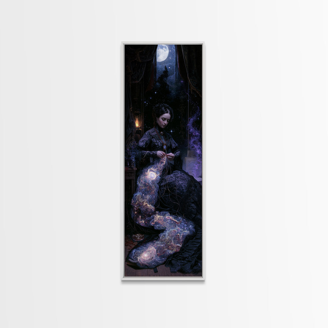 The Seamstress Of Living Nebulae, Victorian Cosmic Horror, Tall Narrow Wall Art, Framed Canvas Print, Gothic Wall Decor