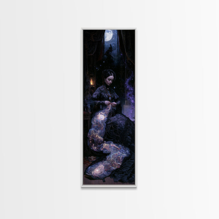 The Seamstress Of Living Nebulae, Victorian Cosmic Horror, Tall Narrow Wall Art, Framed Canvas Print, Gothic Wall Decor