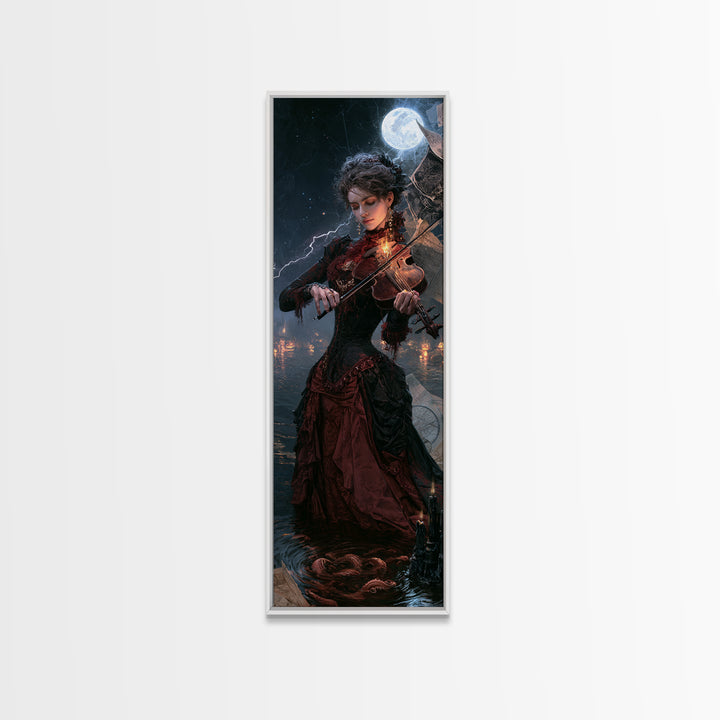 The Violinist Of The Drowned Moon, Victorian Gothic Art, Tall Narrow Wall Art, Framed Canvas Print, Gothic Wall Decor, Dark Fantasy Art