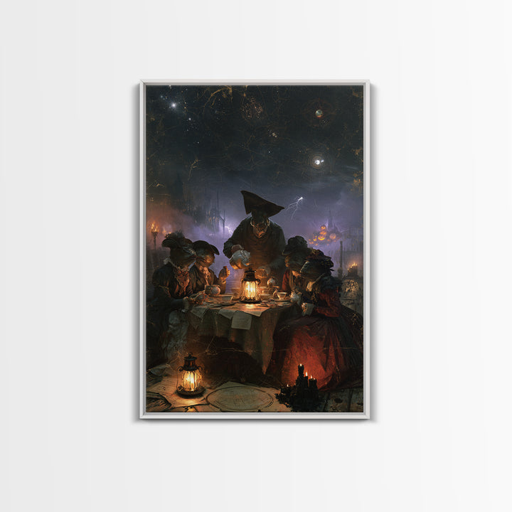 The Tea Party At Innsmouth Pier, Lovecraftian Portrait Art, Vertical Wall Art, Framed Canvas Print, Gothic Wall Decor
