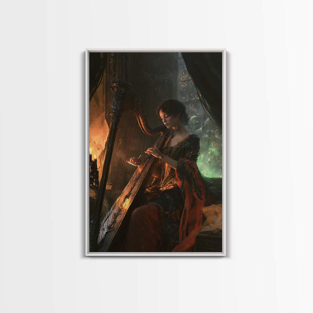 The Harpist Of Abyssal Sleep, Victorian Gothic Art, Vertical Wall Art, Framed Canvas Print, Gothic Wall Decor, Halloween Portrait Art