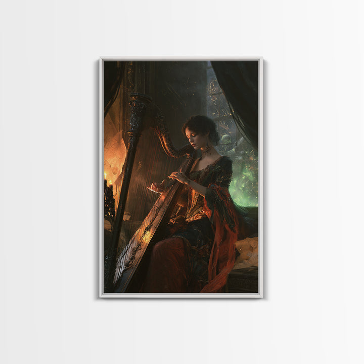 The Harpist Of Abyssal Sleep, Victorian Gothic Art, Vertical Wall Art, Framed Canvas Print, Gothic Wall Decor, Halloween Portrait Art