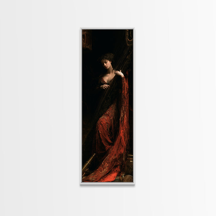 The Harpist Of Abyssal Sleep, Victorian Gothic Art, Tall Narrow Wall Art, Canvas Print, Gothic Wall Decor, Halloween Portrait Art