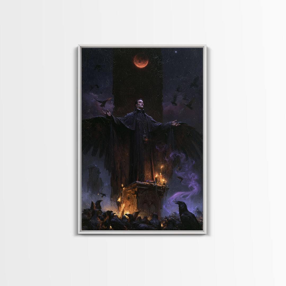 The Raven Sermon Of Leng, Victorian Horror Portrait, Vertical Wall Art, Framed Canvas Print, Gothic Wall Decor, Halloween Portrait Art