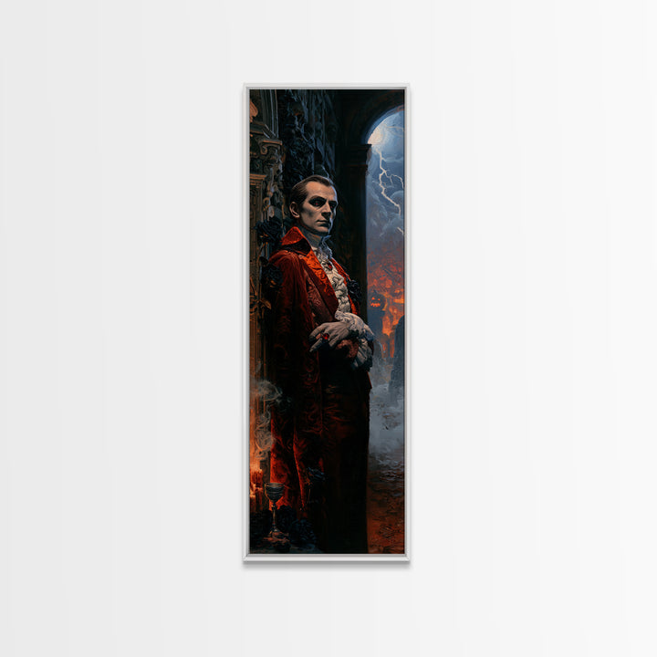 The Crimson Count, Victorian Vampire Portrait, Tall Narrow Canvas Print, Antique Style Decor, Gothic Wall Decor, Classic Monster Art