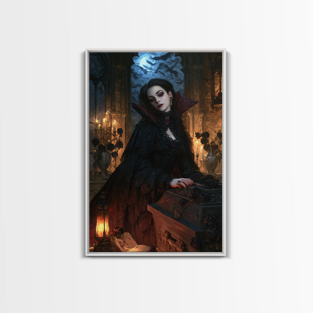 The Rose-Coffin Countess, Victorian Vampire Portrait, Vertical Canvas Print, Classic Halloween Decor, Canvas Print, Classic Monster Art
