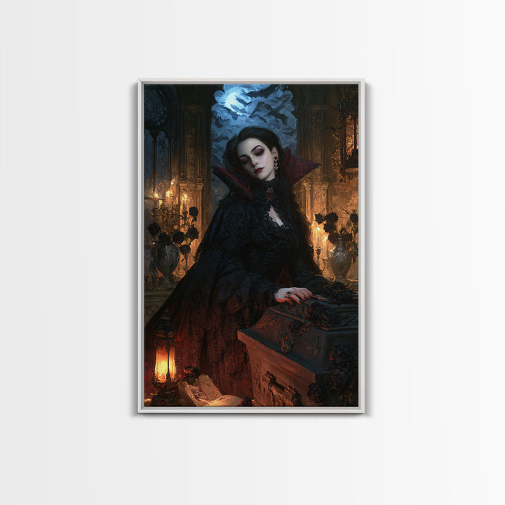 The Rose-Coffin Countess, Victorian Vampire Portrait, Vertical Canvas Print, Classic Halloween Decor, Canvas Print, Classic Monster Art