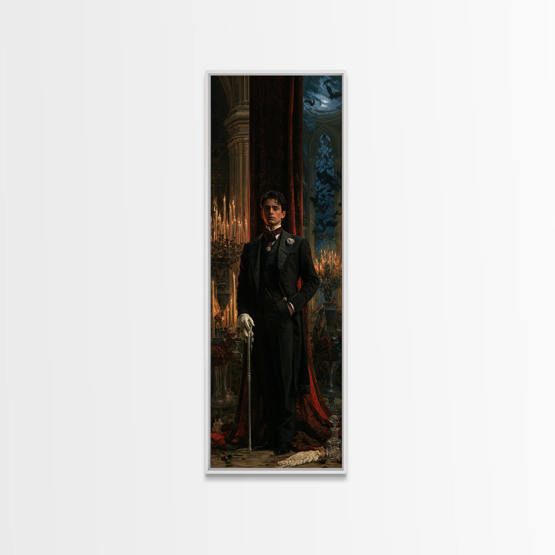 The Moonlit Viscount, Victorian Vampire Portrait, Tall Narrow Canvas Print, Classic Halloween Decor, Classic Monster Art
