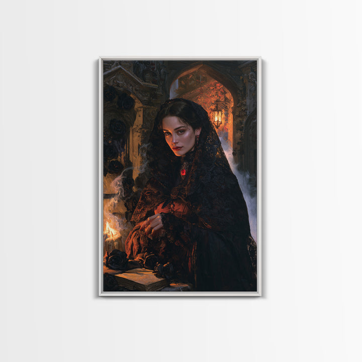 The Widow Of Black Veils, Victorian Vampire Portrait, Vertical Canvas Print, Classic Halloween Decor, Gothic Wall Decor, Classic Monster Art