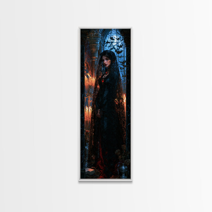 The Widow Of Black Veils, Victorian Vampire Portrait, Tall Narrow Canvas Print, Dark Academia Decor, Classic Monster Art