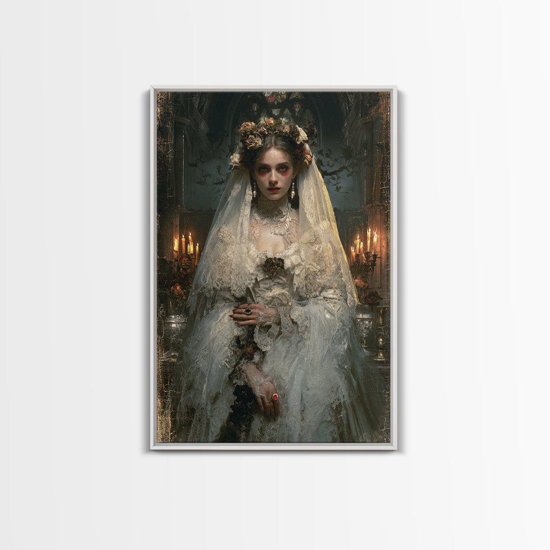 The Chapel Crypt Bride, Victorian Vampire Portrait, Vertical Canvas Print, Macabre Home Decor, Spooky Season Decor, Classic Monster Art