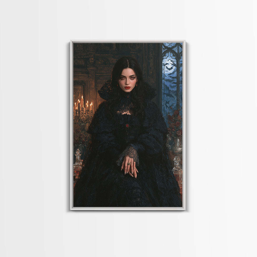 The Velvet-Fanged Heiress, Victorian Vampire Portrait, Vertical Canvas Print, Gothic Home Decor, Gothic Wall Decor, Classic Monster Art