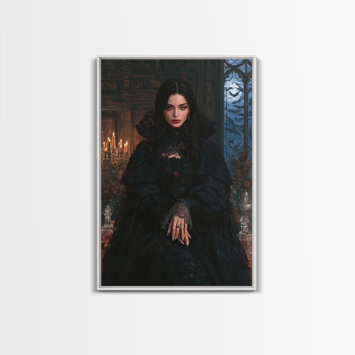The Velvet-Fanged Heiress, Victorian Vampire Portrait, Vertical Canvas Print, Gothic Home Decor, Gothic Wall Decor, Classic Monster Art