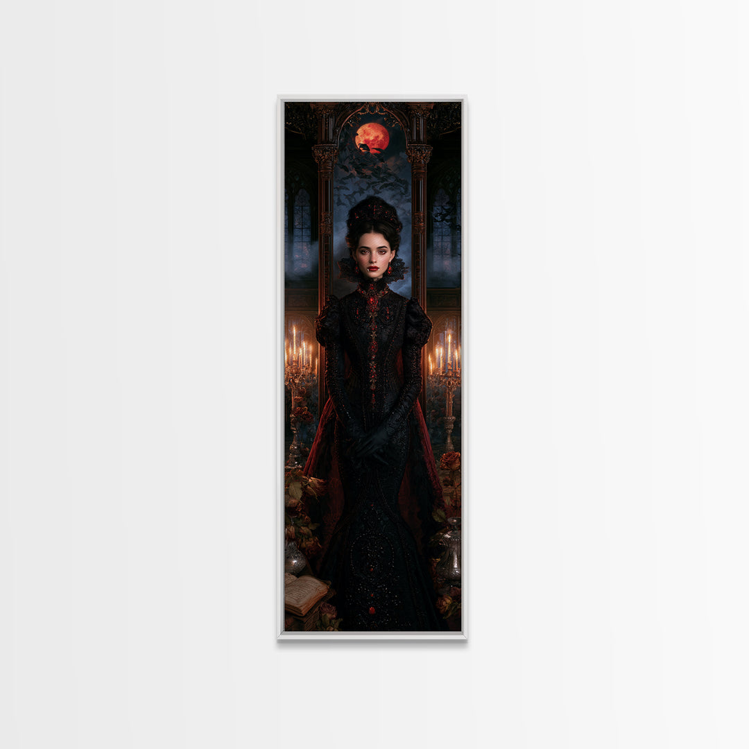 The Velvet-Fanged Heiress, Victorian Vampire Portrait, Tall Narrow Canvas Print, Antique Style Decor, Classic Monster Art