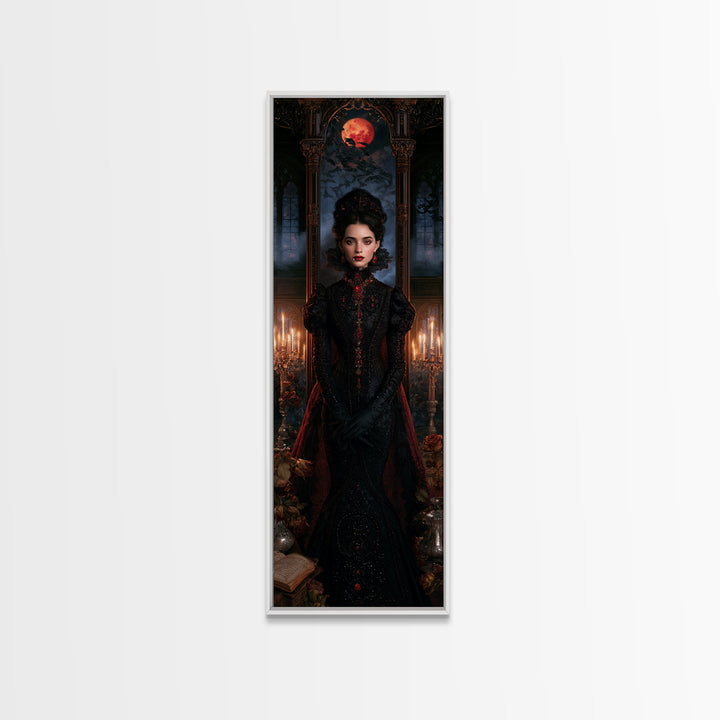 The Velvet-Fanged Heiress, Victorian Vampire Portrait, Tall Narrow Canvas Print, Antique Style Decor, Classic Monster Art