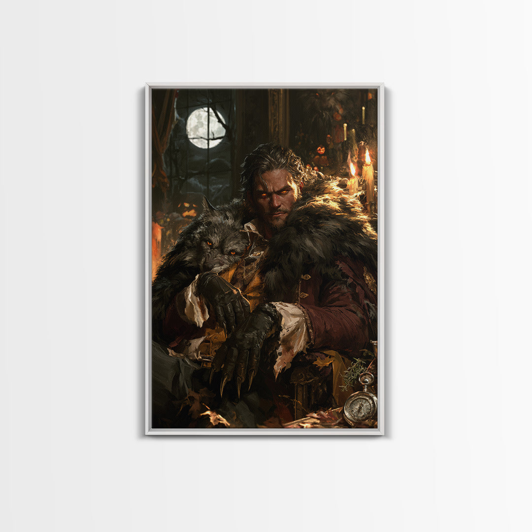 The Silver-Wolf Heir, Victorian Werewolf Portrait, Vertical Canvas Print, Dark Academia Decor, Antique Horror Decor, Classic Monster Art