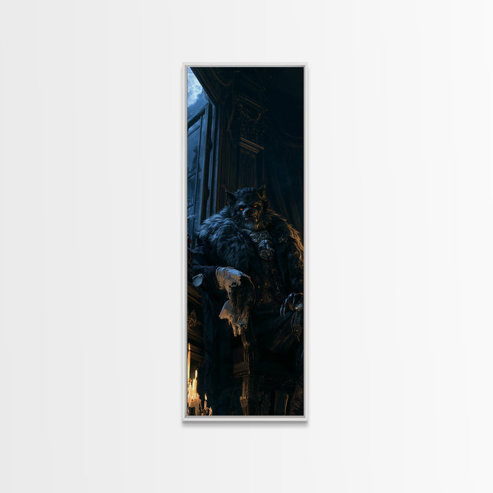 The Silver-Wolf Heir, Victorian Werewolf Portrait, Tall Narrow Canvas Print, Antique Style Decor, Classic Monster Art