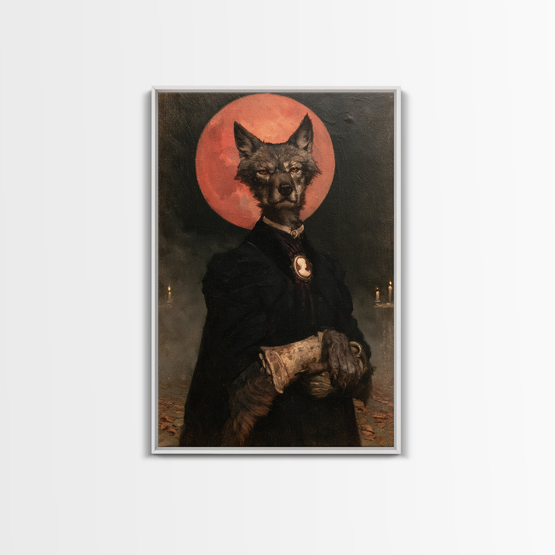 The Wolf Moon Governess, Victorian Werewolf Portrait, Vertical Canvas Print, Antique Style Decor, Spooky Season Decor, Classic Monster Art