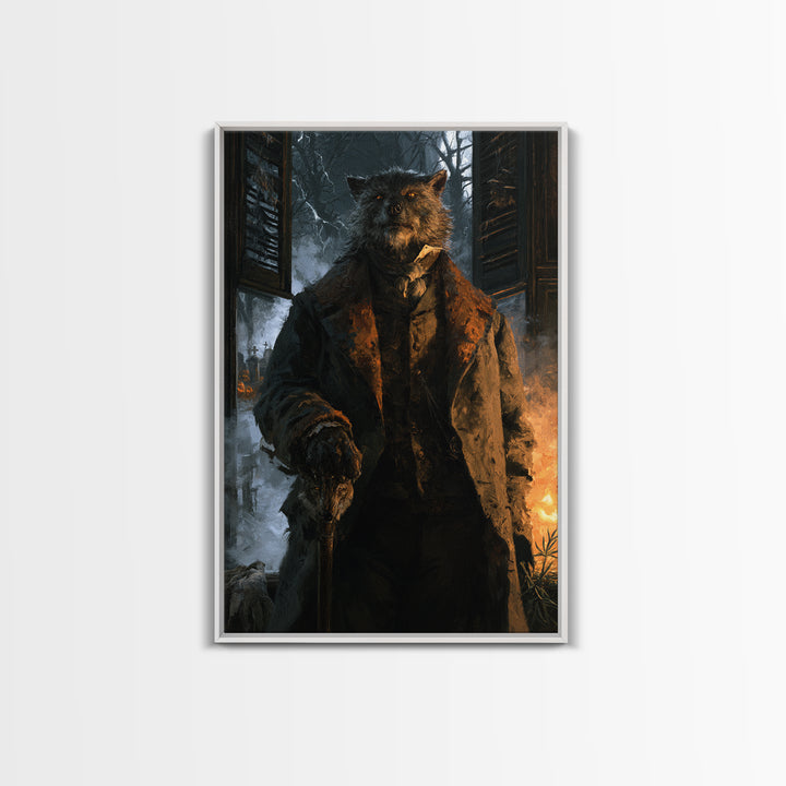 The Moorland Huntsman, Victorian Werewolf Portrait, Vertical Canvas Print, Classic Halloween Decor, Classic Monster Art