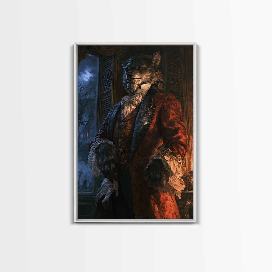The Ballroom Lycan, Victorian Werewolf Portrait, Vertical Canvas Print, Antique Style Decor, Antique Horror Decor, Classic Monster Art