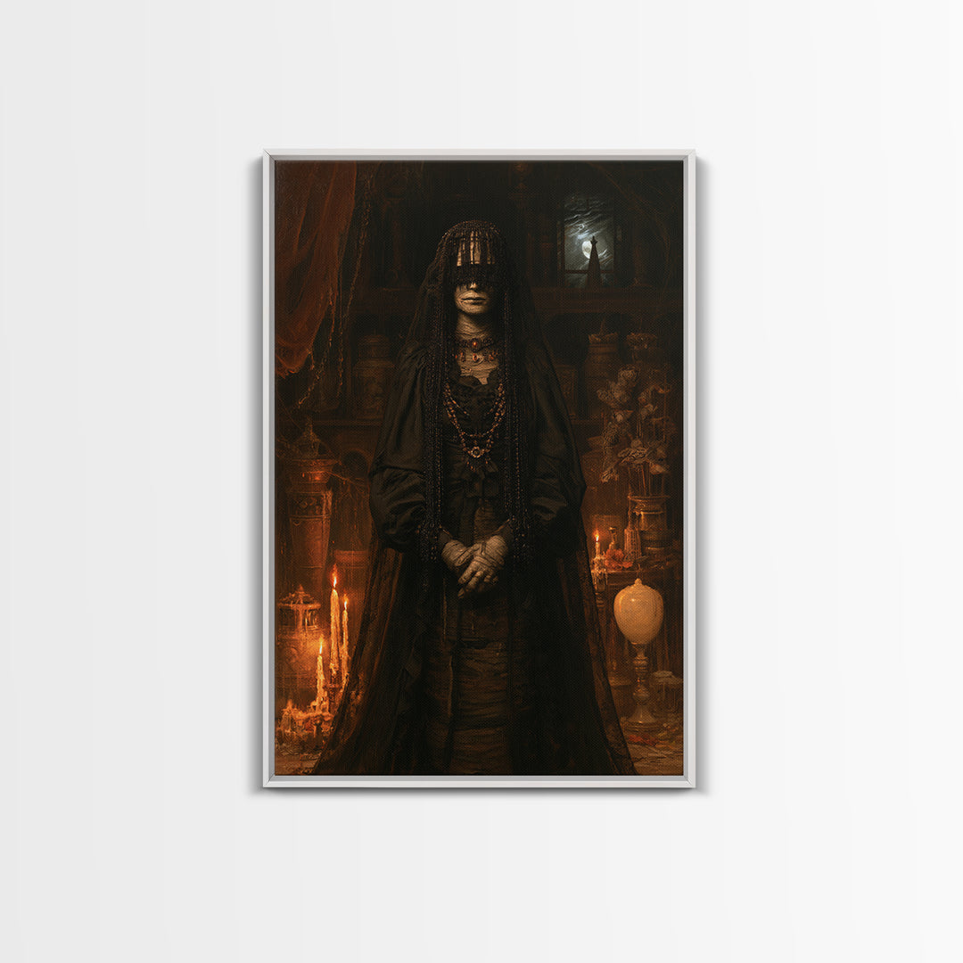 The Canopic Widow, Victorian Mummy Portrait, Vertical Canvas Print, Macabre Home Decor, Spooky Season Decor, Classic Monster Art