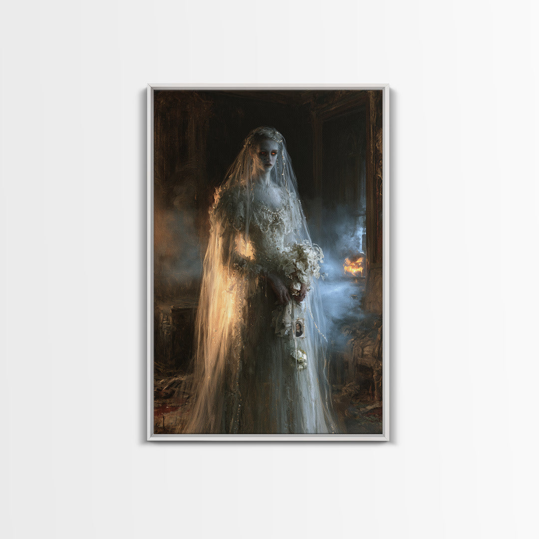 The Hollow-Eyed Bride, Victorian Ghost Portrait, Vertical Canvas Print, Gothic Home Decor, Halloween Portrait Art, Classic Monster Art