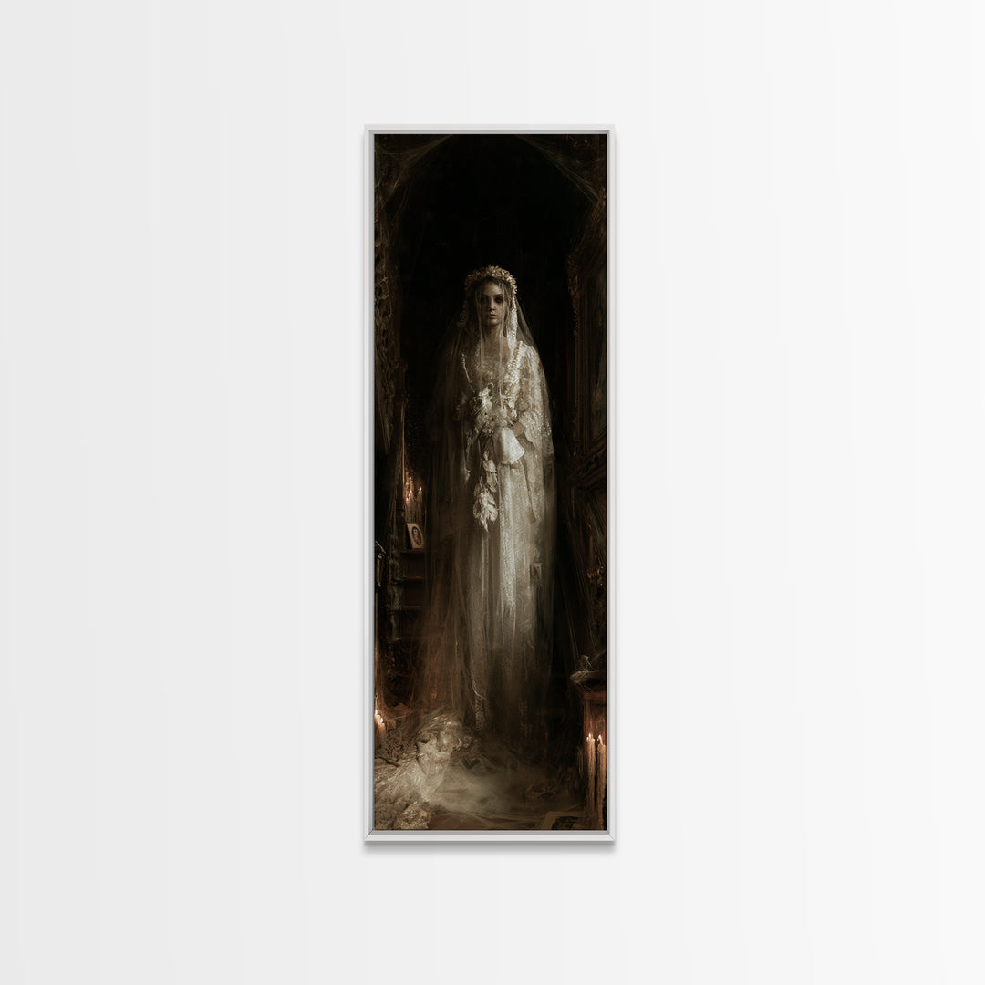 The Hollow-Eyed Bride, Victorian Ghost Portrait, Tall Narrow Canvas Print, Classic Halloween Decor, Canvas Print, Classic Monster Art