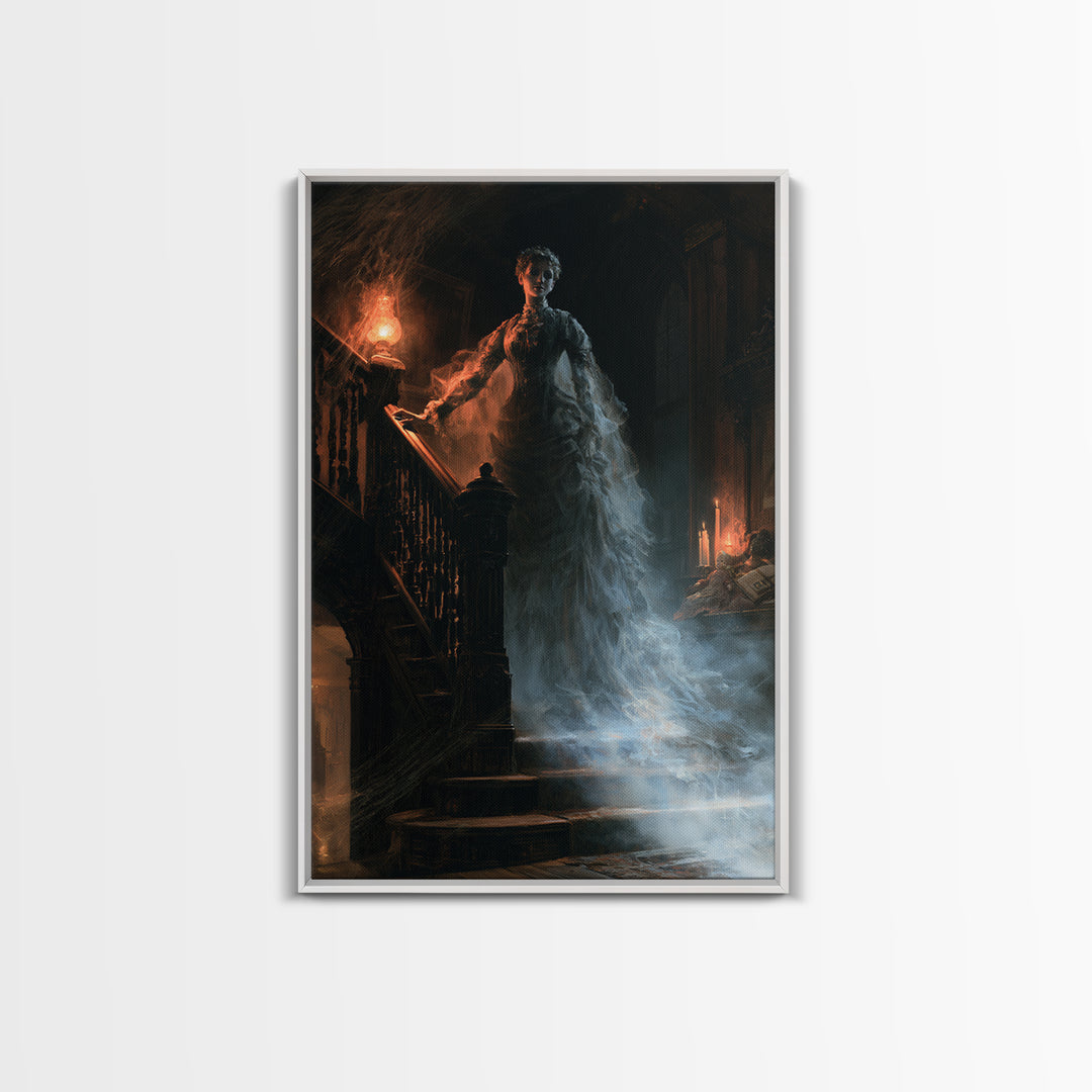 The Staircase Apparition, Victorian Ghost Portrait, Vertical Canvas Print, Antique Style Decor, Halloween Portrait Art, Classic Monster Art