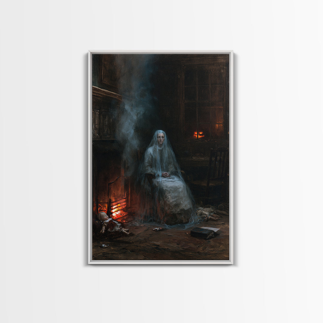 The Hearthside Shade, Victorian Ghost Portrait, Vertical Canvas Print, Classic Halloween Decor, Canvas Print, Classic Monster Art