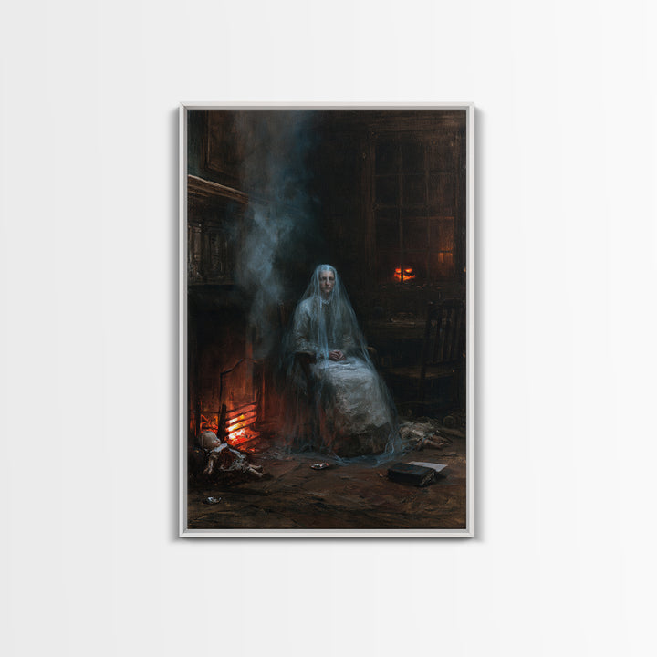 The Hearthside Shade, Victorian Ghost Portrait, Vertical Canvas Print, Classic Halloween Decor, Canvas Print, Classic Monster Art