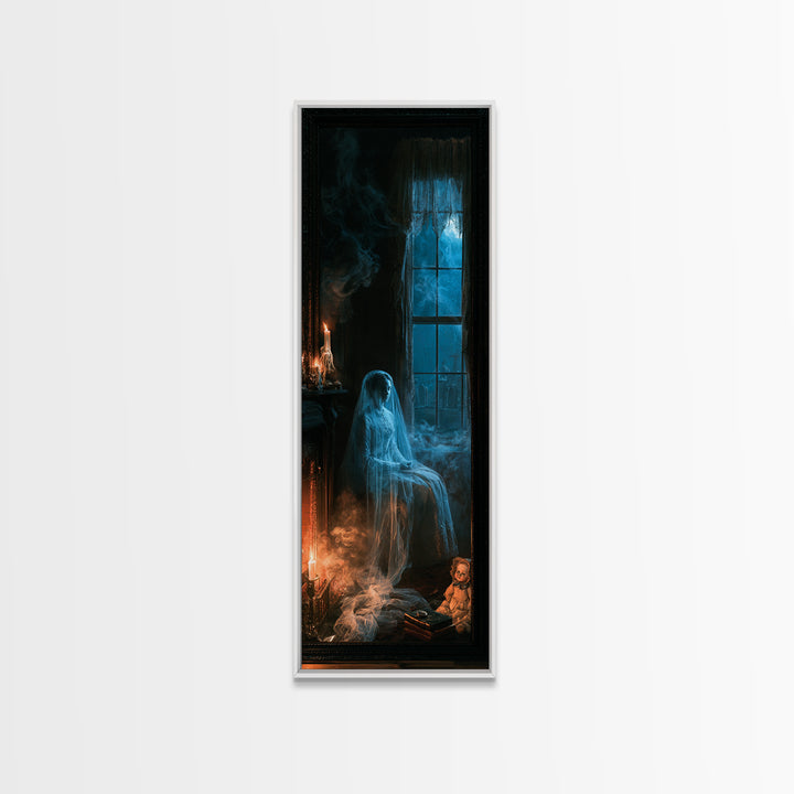 The Hearthside Shade, Victorian Ghost Portrait, Tall Narrow Canvas Print, Macabre Home Decor, Gothic Wall Decor, Classic Monster Art