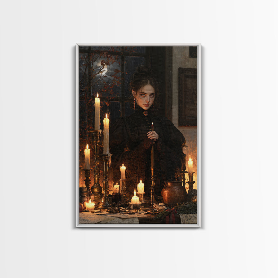 The Candle Witch, Victorian Witch Portrait, Vertical Canvas Print, Dark Academia Decor, Antique Horror Decor, Classic Monster Art