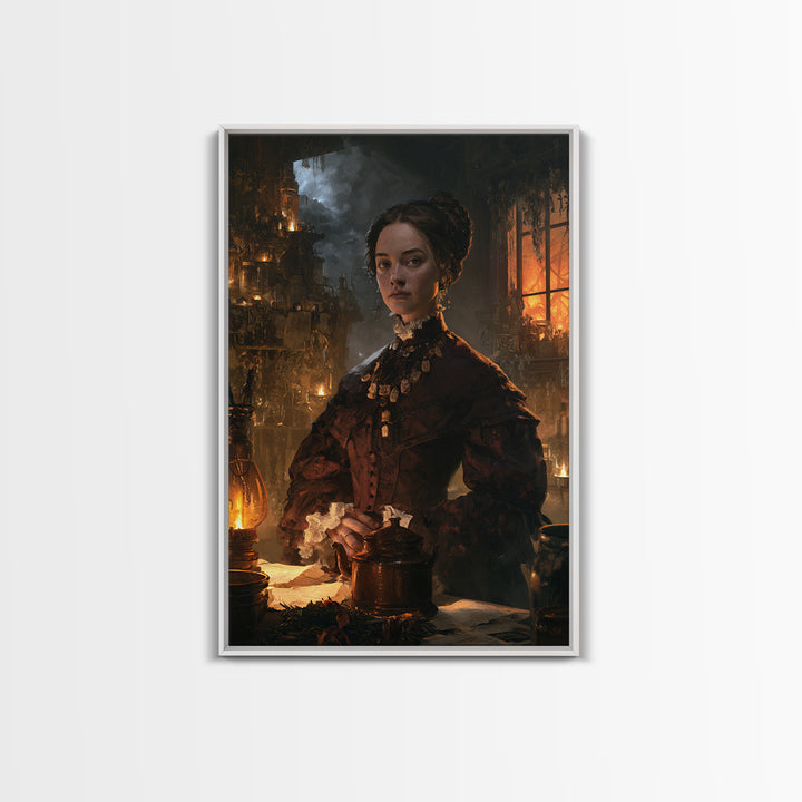 The Bone Charm Governess, Victorian Witch Portrait, Vertical Canvas Print, Macabre Home Decor, Spooky Season Decor, Classic Monster Art