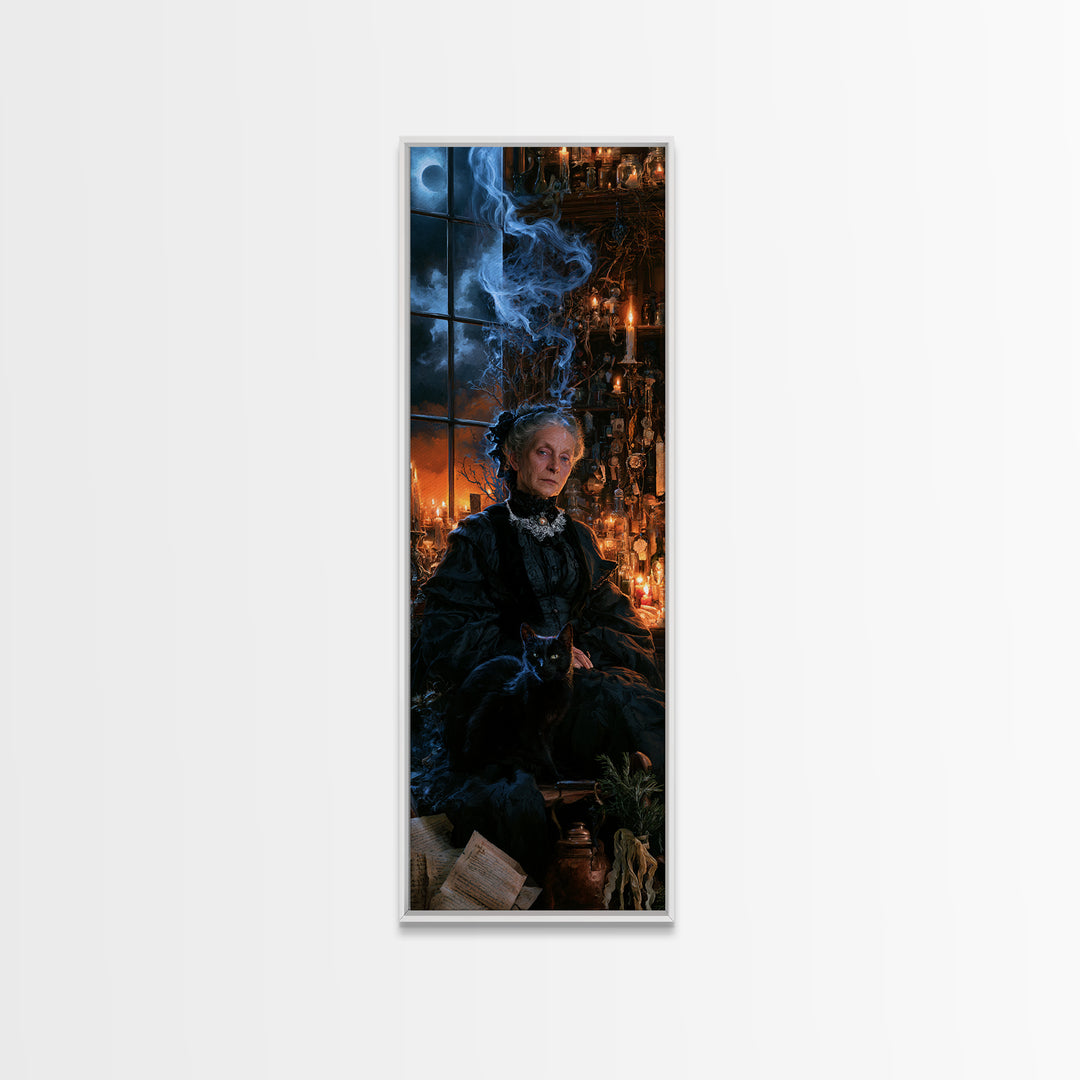 The Widow Of Nine Cats, Victorian Witch Portrait, Tall Narrow Canvas Print, Gothic Home Decor, Halloween Portrait Art, Classic Monster Art