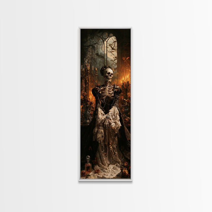 The Lace-Boned Countess, Victorian Skeleton Portrait, Tall Narrow Canvas Print, Gothic Home Decor, Canvas Print, Classic Monster Art
