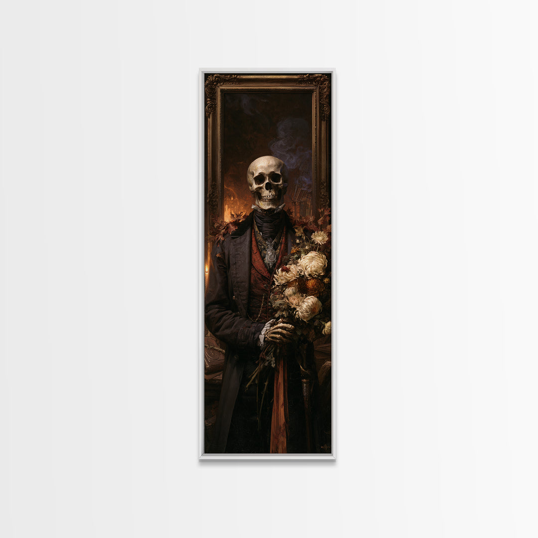 The Graveyard Dandy, Victorian Skeleton Portrait, Tall Narrow Canvas Print, Gothic Home Decor, Halloween Portrait Art, Classic Monster Art