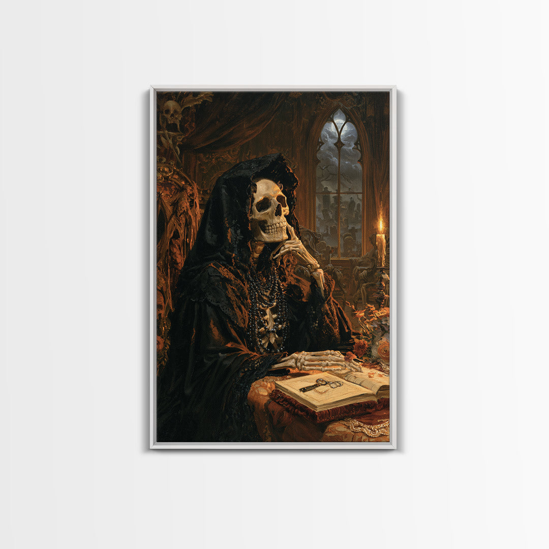 The Widow In Ivory Bone, Victorian Skeleton Portrait, Vertical Canvas Print, Macabre Home Decor, Halloween Portrait Art, Classic Monster Art