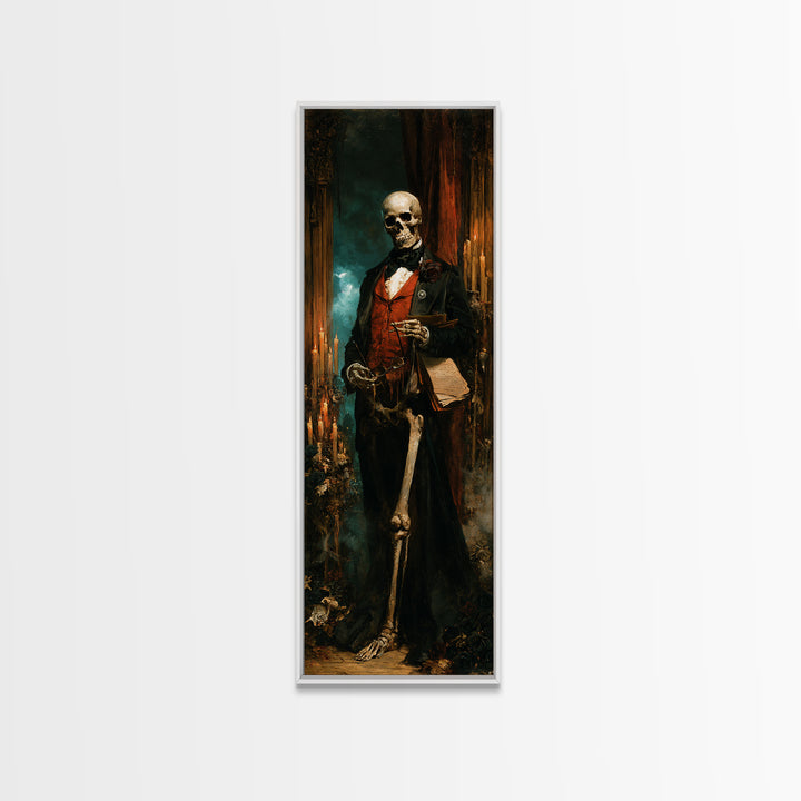 The Gentleman Anatomist, Victorian Skeleton Portrait, Tall Narrow Canvas Print, Antique Style Decor, Classic Monster Art