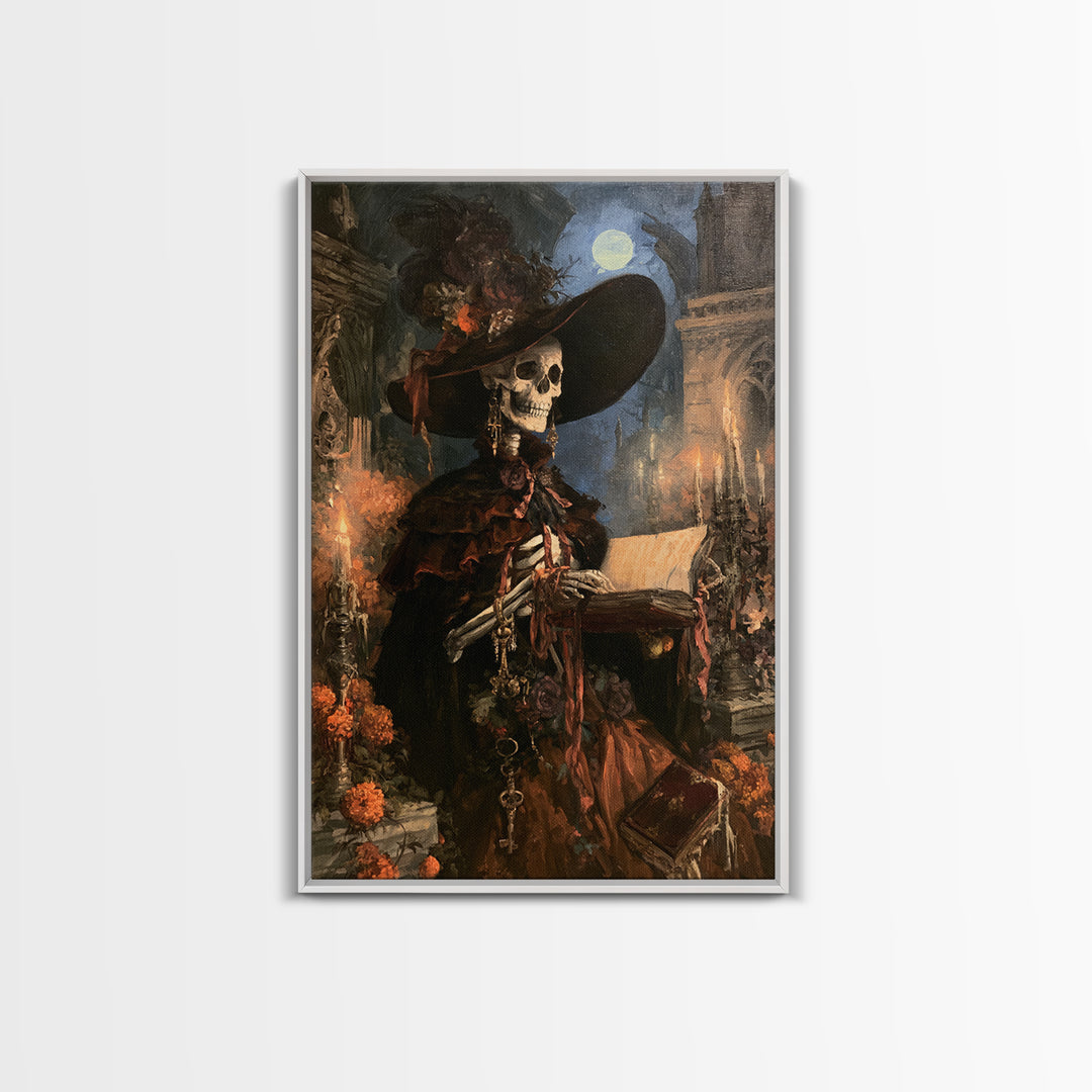 The Ballad-Singer Skeleton, Victorian Skeleton Portrait, Vertical Canvas Print, Classic Halloween Decor, Classic Monster Art