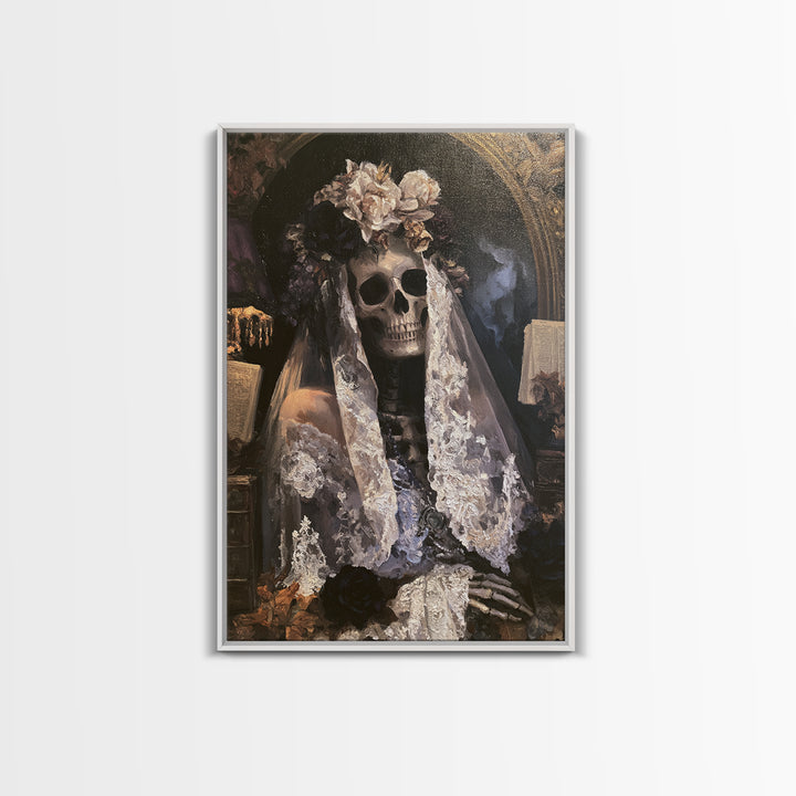 The Mourning Skeleton Bride, Victorian Skeleton Portrait, Vertical Canvas Print, Macabre Home Decor, Classic Monster Art