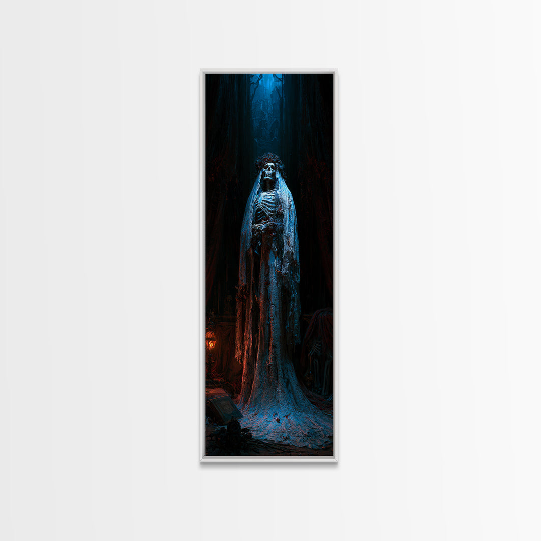 The Mourning Skeleton Bride, Victorian Skeleton Portrait, Tall Narrow Canvas Print, Classic Halloween Decor, Canvas Print