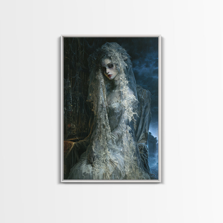 The Storm-Stitched Bride, Victorian Monster Portrait, Vertical Canvas Print, Classic Halloween Decor, Classic Monster Art