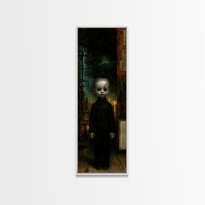 The Orphaned Creation, Victorian Monster Portrait, Tall Narrow Canvas Print, Macabre Home Decor, Halloween Portrait Art, Classic Monster Art
