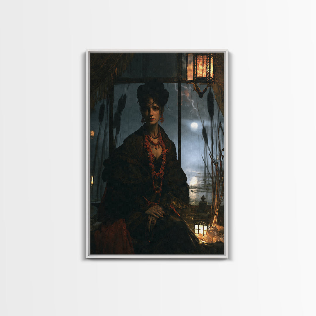 The Tidal Heiress, Victorian Creature Portrait, Vertical Canvas Print, Dark Academia Decor, Antique Horror Decor, Classic Monster Art